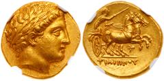 Ancient Coins Macedonian Kingdom. Philip II. Gold Stater (8.61 g), 359-336 BC. Pella, ca. 323/2-315 BC. Laureate head of Apollo right. Reverse: ΦIΛIΠΠOY, Charioteer, holding kentron and reins, driving