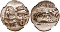 Ancient Coins Moesia, Istros. Silver Drachm (4.09 g), 4th century BC. Facing male heads, the right inverted. Reverse: IΣTPIH, sea-eagle left, grasping dolphin in talons; below, A. AMNG I 416; SNG BM 2