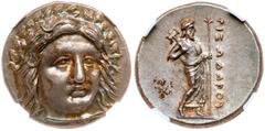 Ancient Coins Carian Satraps. Pixodaros. Silver Didrachm (7.03 g), ca. 341/0-336/5 BC. Halikarnassos. Laureate head of Apollo facing slightly right, drapery tied at neck. Reverse: ΠIΞOΔAPOY, Zeus Labr