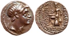 Ancient Coins Seleukid Kingdom. Demetrios I Soter. Silver Drachm (3.81 g), 162-150 BC. Ekbatana. Diademed head of Demetrios I right. Reverse: [B]AΣIΛEΩΣ ΔHMHTPIOY ΣΩTHPOΣ, Apollo Delphios, testing arr