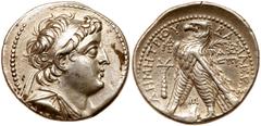 Ancient Coins Seleukid Kingdom. Demetrios II Nikator. Silver Tetradrachm (14.01 g), second reign, 129-125 BC. Tyre, SE 186 (128/7 BC). Diademed and draped bust of Demetrios II right. Reverse: BAΣIΛEΩΣ