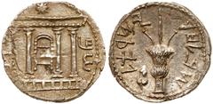 Ancient Coins Judea, Bar Kokhba Revolt. Silver Sela (13.92 g), 132-135 CE. Year 2 (133/4 CE). 'Simon' (Paleo-Hebrew), tetrastyle façade of the Temple of Jerusalem; show bread table or Ark of the Coven