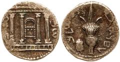 Ancient Coins Judea, Bar Kokhba Revolt. Silver Sela (14.09 g), 132-135 CE. Undated, attributed to year 3 (134/5 CE). 'Simon' (Paleo-Hebrew), tetrastyle façade of the Temple of Jerusalem; show bread ta