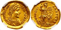 Ancient Coins Theodosius I, AD 379-395, Gold Solidus (4.44 g). Constantinople AD 388-392. Laur. and diad. cuir. bust to r. Reverse: Constantinopolis helmeted, seated on large throne holding spear and 