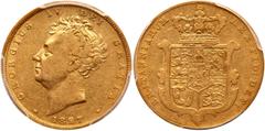 Treasure from the SS Central America - World Gold Great Britain. Sovereign, 1827. S.3801; Fr-377; KM-696. Weight 0.2355 ounce. George IV. Bare head left. Reverse; Crowned shield. PCGS graded EF-40. In