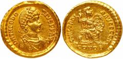 Roman Imperial Coinage Theodosius I, AD 379-417, Gold Solidus (4.44 g). Mint of Constantinople, AD 388-392. Diad. dr. and cuir. bust of Theodosius facing right. Reverse: Constantinopolis seated on thr
