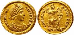 Roman Imperial Coinage Theodosius I, AD 379-395. Gold Solidus (4.38 g). Mint of Constantinople, AD 388-392. Diad. dr. and cuirassed bust facing r. Reverse: CONCORDIA AVGGG, Constantinopolis seated on 