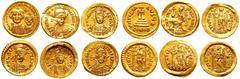 Large Lots of Ancients 6-piece lot of Roman and Byzantine Gold Solidi. Consists of the following Roman Gold Solidi: Theodosius II, cf. Sear-21158; Leo I, Sear-21404 (2) and Sear-21404 var. Byzantine G