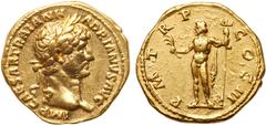 Roman Imperial Coinage Hadrian, A.D. 117-138. Gold Aureus (7.17g). Mint of Rome, AD 119-122. Laureate bust of Hadrian facing r., without drapery. Reverse: PM TR P COS III, Neptune standing l. holding 