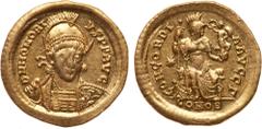 Roman Imperial Coinage Honorius. Gold Solidus (4.48 g), AD 393-423. Constantinople, AD 408-420. D N HONORI-VS P F AVG, diademed, helmeted and cuirassed bust of Honorius facing slightly right, holding 