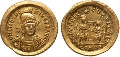 Roman Imperial Coinage Theodosius II, AD 402-450. Gold Solidus (4.49 g.). Mint of Constantinople, AD 426-30. Helmeted and cuirassed bust three-quarter face to r. holding spear and shield. Reverse: SAL