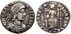 Ancient Coins Roman Empire. Gratian, 367-383 AD. AR Siliqua (15.4mm, 2.1g). Treveri mint. Pearl-diademed and draped bust facing right; Rev.: Roma seated facing on throne, head facing left, holding glo
