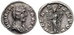 Didia Clara, daughter of Didius Julianus. Silver Denarius (2.55 g), Augusta, AD 193. Rome, under Didius Julianus. DIDIA CLA-RA AVG, draped bust of Didia Clara right. Reverse: HILAR T-EMPOR, Hilaritas 