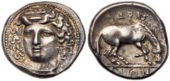 Ancient Coins Thessaly, Larissa. Silver Drachm (6.03 g), ca. 356-342 BC. Head of the nymph Larissa facing slightly left, hair bound with ampyx. Reverse: ΛAPIΣ-AIΩN, horse standing right, about to roll