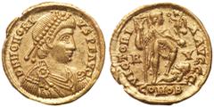 Ancient Coins Honorius, A,D. 393-423. Gold Solidus (4.38 g). Ravenna mint, AD 402-3 and 405-6). Diad., dr. and cuir. bust r. Reverse: Honorius, nimbate and in military attire, stg. facing, his l. foot