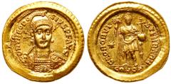 Ancient Coins Theodosius II, 402-450 AD. Gold Solidus (4.49g). Mint of Constantinople, AD 425. Helmeted and cuir. bust three-quarter facing to r., holding spear and shield. Reverse: SALVS REI PVBLICAE
