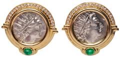 Ancient Coins Lady's Gorgeous 18K Yellow Gold and Emerald Earrings with Matched Pair of Ancient Silver Drachm CA. 167-88 B.C. in Extremely Fine Condition. Beautifully designed earrings featuring match