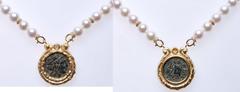 Ancient Coins Lady's New Custom Created Necklace of 18K Yellow Gold, Diamond, Pearl and Ancient Roman Provencial Bronze ca. 1st Century. Exceptional lady's pearl necklace, a custom creation that is ne