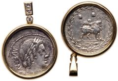 Ancient Coins Lady's 18K Yellow Gold and Ancient, Roman Republic Denarius ca 85 B.C with Head of Apollo. Accent Diamonds on the Bail. Lovely pendant of an ancient Roman Republic Denarius in a 18K yell
