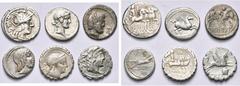 République romaine - Roman Republic lot de 6 deniers: M. Vargunteius, Cr. 257/1; Q. Titius, Cr. 341/2; L. Titurius Sabinus, Cr. 344/1a; C. Marcius Censorinus, Cr. 346/2b; C. Naevius Balbus, denier ser
