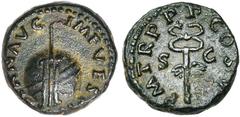 Empire romain - Roman Empire VESPASIEN (69-79), AE quadrans, 74, Rome. D/ IMP VESPASIAN AVG Gouvernail posé sur un globe. R/ P M TR P P P COS V/ S-C Caducée ailé. BMC 162, 706; RIC 736. 2,73 g. Rare. 