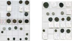 Byzance - Byzantium lot de 32 p., dont: Justinien Ier, follis, an 13, Constantinople; Justin II, follis, an 7, Nicomédie; 1/2 follis, an 4, Thessalonique; Maurice Tibère, follis, an 6, Antioche et an 