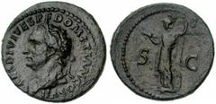 DOMITIEN César (69-81), AE as, 80-81, Rome. Droit : CAES DIVI VESP F DOMITIAN COS VII Tête l. à gauche. Revers : S C Minerve debout à gauche, tenant le foudre et une lance. Un bouclier à droite. Ref.: