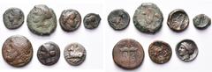 Monde grec - Greek World SICILE, lot de 7 p.: Panormos, bronze, T. d'Apollon/Protome de cheval; Syracuse, hémilitre, T. d'Athéna/Hippocampe; tetras, T. fém./Poulpe; onkia, T. fém./Poulpe; Hiéron II, b