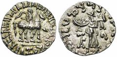 ROYAUME INDO-SCYTHE, Azès (-57-5), AR drachme, Droit : Le roi à cheval à droite, tenant une lance. Revers : Pallas debout à gauche, brandissant le foudre et tenant un bouclier levé. Devant, [..]. Derr