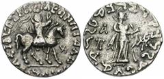 ROYAUME INDO-SCYTHE, Azès, AR tétradrachme, Droit : Le roi chevauchant à droite, tenant un fouet. Devant, [..]. Revers : Athéna debout à droite, tenant une lance transversale. Derrière, [..]/[..]. Dev