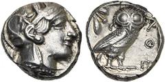 Collection Marc Bar - The Marc Bar Collection ATTIQUE, ATHENES, AR tétradrachme, vers 400 av. J.-C. D/ T. casquée d'Athéna à d., le casque orné d'un fleuron et de feuilles d'olivier. R/ ΑΘΕ Chouette à