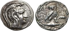 Collection Marc Bar - The Marc Bar Collection ATTIQUE, ATHENES, AR tétradrachme, 129-128 av. J.-C. D/ T. casquée d'Athéna à d. R/ A-ΘE/ API-ΣTI/ΩN/ ΦI/ΛΩN/ HΓE/AΣ Chouette de f. sur une amphore. A d.,
