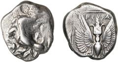 Collection Marc Bar - The Marc Bar Collection ELIDE, ELIS, AR statère, vers 432 av. J.-C. D/ F-A Aigle à g., les ailes ouvertes, ten. dans ses serres un serpent dressé et menaçant la tête de l'aigle. 