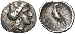 Collection Marc Bar - The Marc Bar Collection ELIDE, ELIS, AR obole, vers 340-330 av. J.-C. D/ T. d'Héra à d., les cheveux longs. R/ Aigle à g., t. à d. A g., FA rétrograde et de haut en bas. Le tout 