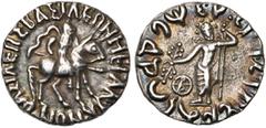 L'Orient ancien - Oriental Greek ROYAUME INDO-SCYTHE, Vonones (100-65), AR drachme, 90-65. Associé au vice-roi Spalagadames. D/ Le roi chevauchant à d., ten. une lance. R/ Zeus deb. de f., ten. le fou