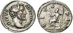 Empire romain - Roman Empire ANTONIN le Pieux divinisé, AR denier, après 161, Rome. Frappé sous Marc Aurèle. D/ DIVVS - ANTONINVS T. nue à d. R/ DIV-O - PIO Antonin en toge, assis à g., ten. un rameau