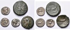 République romaine - Roman Republic lot de 5 p.: Pinarius Natta, denier, Cr. 200/1; C.SCR, as, Cr. 201/2, très rare; C. Valerius Flaccus, denier, Cr. 228/2; Mn. Aemilius Lepidus, denier, Cr. 291/1; Q.