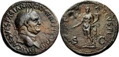 VESPASIEN (69-79), AE sesterce, 71, Rome. Droit : IMP CAES VESPASIAN AVG P M TR P P P COS III Tête l. à droite. Revers : PAX - AVGVSTI/ S-C Pax debout à gauche, tenant un rameau et une corne d'abondan