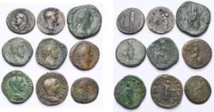 Empire romain - Roman Empire lot de 9 bronzes, dont: Titus, as, R/ Génie (rare); Trajan, dupondius, R/ Victoire et trophée (éclat de métal au droit); Marc Aurèle Auguste, sesterce, R/ Minerve; Commode