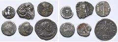 Empire romain - Roman Empire lot de 6 p.: Thrace, Maronnée, 1/4 statère, Protome de cheval/Grappe de raisin; Danube, tétradrachme, imitation de Thasos (coupé); C. Minucius Augurinus, denier, Cr. 242/1