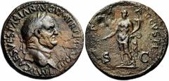 VESPASIEN (69-79), AE sesterce, 71, Rome. Droit : IMP CAES VESPASIAN AVG P M TR P P P COS III Tête l. à droite. Revers : PAX - AVGVSTI/ S-C Pax debout à gauche, tenant un rameau et une corne d'abondan