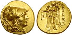 Monde grec - Greek World ROYAUME DE MACEDOINE, Alexandre III le Grand (336-323), AV statère, 250-225 av. J.-C., Callatis. D/ T. casquée d'Athéna à d. R/ ΑΛΕΞΑΝΔPOY Niké deb. à g., ten. une couronne et