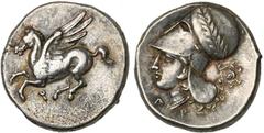 Monde grec - Greek World CORINTHE, AR statère, 386-307 av. J.-C. D/ Pégase en vol à g. Dessous, . R/ T. casquée d'Athéna à g., le casque lauré. Derrière, aegis dans une couronne. A la pointe du cou, 