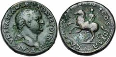 TITUS César (69-79), AE sesterce, 72, Rome. Droit : T CAES VESPASIAN IMP PON TR POT COS II Tête l. à droite. Revers : CAESAR DOMITIAN COS DES II/ S-C Domitien tenant un sceptre, menant un cheval cabré