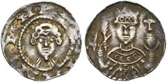 Collection of coins of the Principality of Liège (3rd part LIEGE, Principauté, AR denier anonyme, vers 1119-1123 (?), Maastricht (?). D/ MVNDMVND B. dr. de f., la t. tonsurée. R/ B. d'empereur de f., 