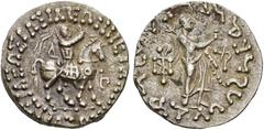 L'Orient ancien - Ancient Orient ROYAUME INDO-SCYTHE, Azès, AR tétradrachme. D/ Le roi à cheval à d., ten. un fouet. Devant, . R/ Zeus deb. à d., ten. un long sceptre terminé par un trident, la main 