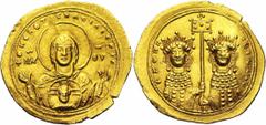 Zoé et Théodora (21 avril - 12 juin 1042), AV histamenon, Constantinople. Droit : + ΘK[..] RΘ TAC RACIΛICCIC B. nimbé de la Vierge orante de face, présentant sur sa poitrine la tête nimbée du Christ e