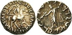 ROYAUME INDO-SCYTHE, Vonones (100-65), AR tétradrachme, 100-90, Associé à Spalahores. Droit : Le roi chevauchant à droite, tenant une lance pointée vers l'avant. Revers : Zeus debout de face, tenant l