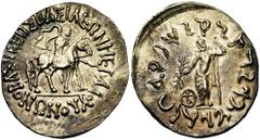 ROYAUME INDO-SCYTHE, Vonones (100-65), AR tétradrachme, 90-65, Avec le vice-roi Spalagadames. Droit : Le roi chevauchant à droite, tenant une lance. Ligne d'exergue. Revers : Zeus debout de face, tena