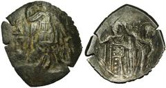 Michel VIII Paléologue (1261-1282), AE trachy, Constantinople. Classe VI. Droit : Saint Demetrius debout de face, tenant un bouclier et une lance. Revers : L'empereur debout de face, tenant un labarum